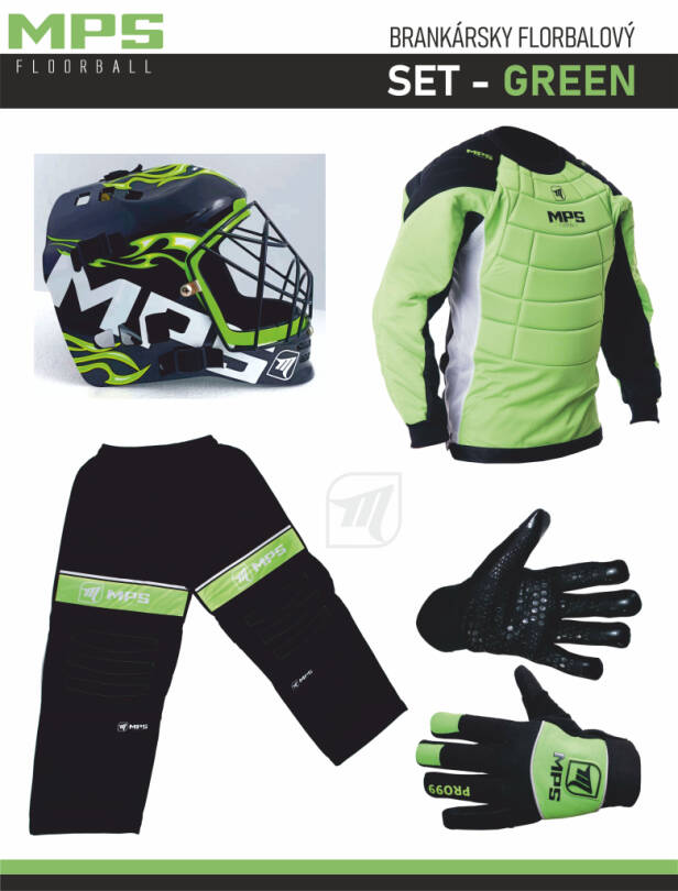MPS Green brankářský set + maska  Pro Flame - Black/Green + Florbalové rukavice MPS