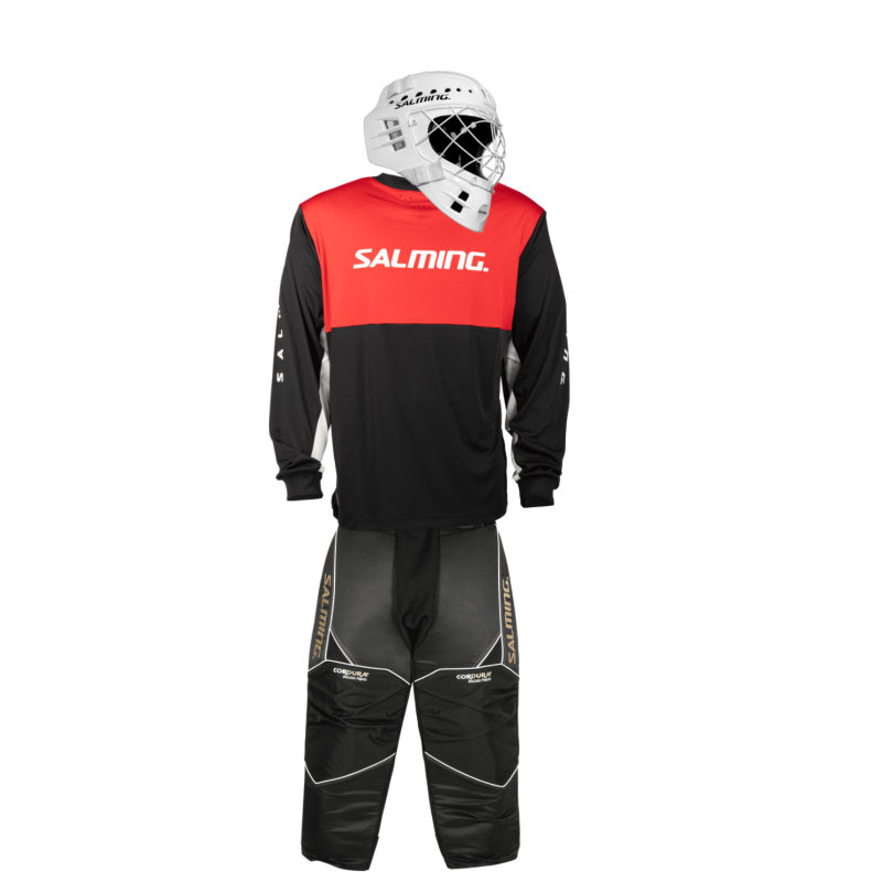 Salming Brankářský set React black/red + maska Salming Phoenix Elite Helmet White Shiny