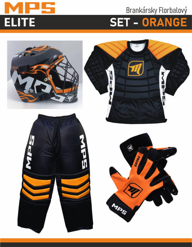 MPS ELITE brankářsky set Orange + maska Pro Flame - Orange/Black+ Florbalové rukavice MPS