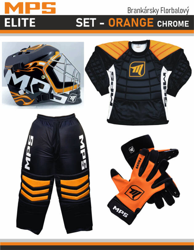 MPS ELITE brankářsky set Orange + maska Pro Flame - Orange/Chrome + Florbalové rukavice MPS