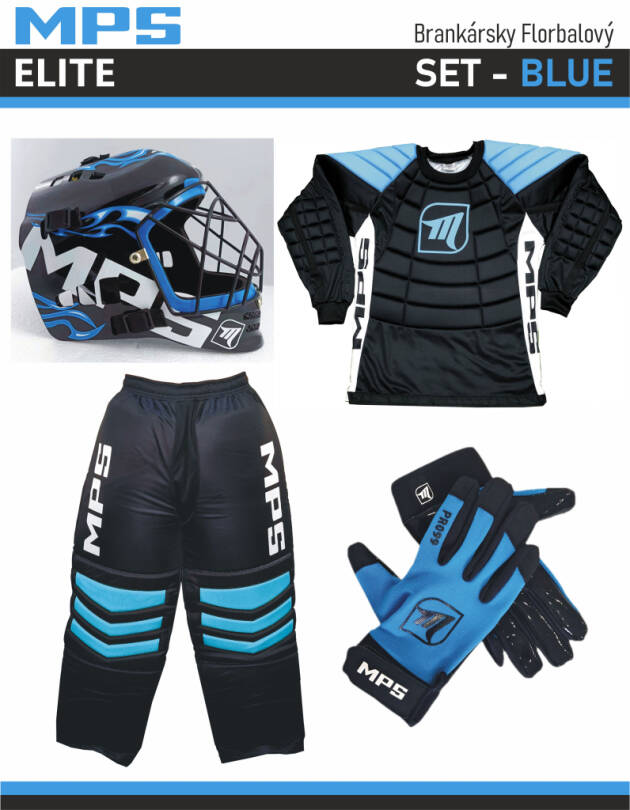 MPS ELITE brankářsky set BLUE + maska Pro Flame - Black/Blue + Florbalové rukavice MPS