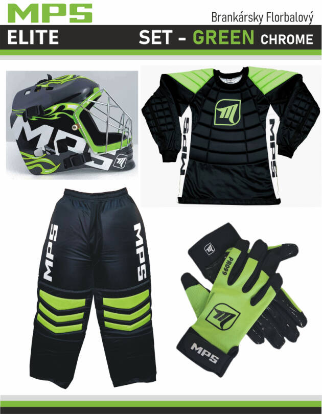 MPS ELITE brankářsky set Green + maska Pro Flame - Green/Chrome + Florbalové rukavice MPS