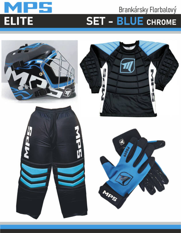 MPS ELITE brankářsky set BLUE + maska Pro Flame - Blue/Chrome + Florbalové rukavice MPS