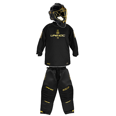 Unihoc Brankářský SET Alpha Evolab Black/gold + maska Unihoc Alpha Prime Evolab Gold