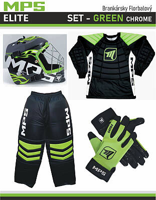 MPS ELITE brankářsky set Green + maska  Pro Flame - Green/Chrome + Florbalové rukavice MPS
